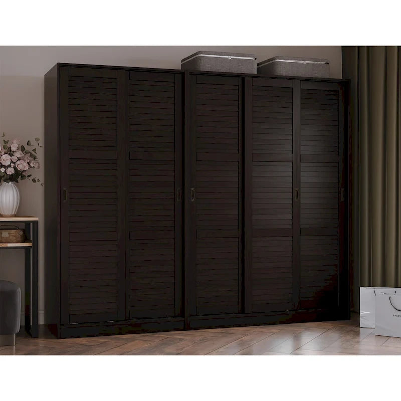 Système de rangement mural 100 % bois massif pour armoires et penderies, avec portes coulissantes à miroir, à persiennes ou à panneaux surélevés