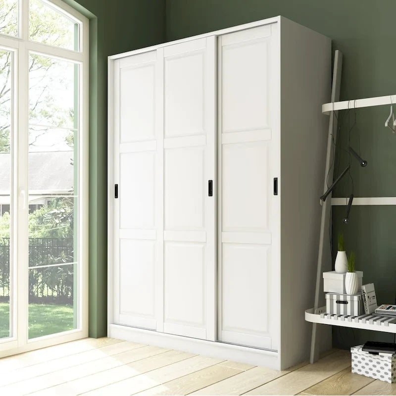 Système de rangement mural 100 % bois massif pour armoires et penderies, avec portes coulissantes à miroir, à persiennes ou à panneaux surélevés