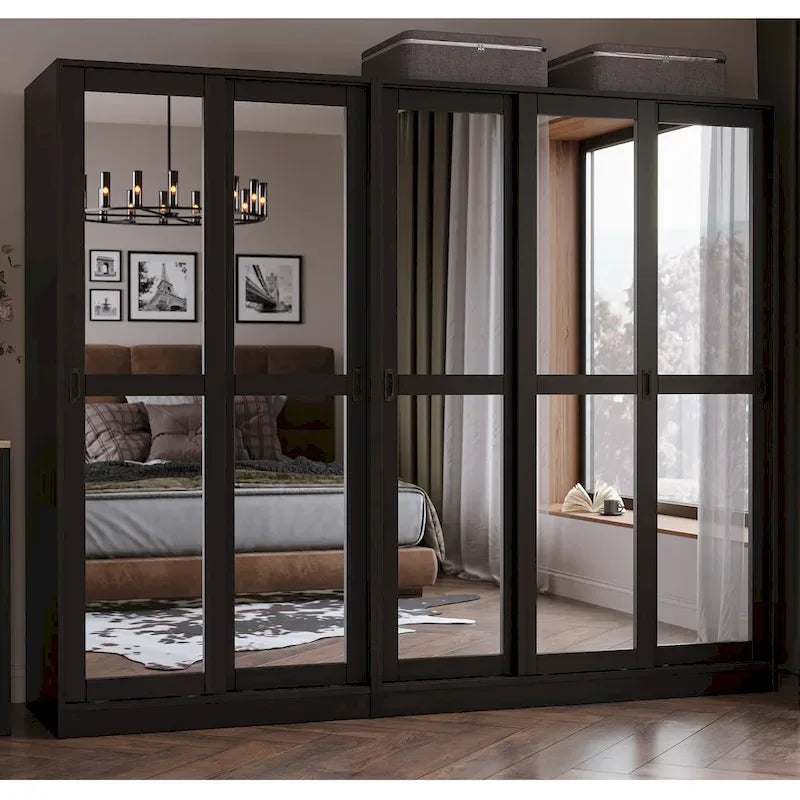 Système de rangement mural 100 % bois massif pour armoires et penderies, avec portes coulissantes à miroir, à persiennes ou à panneaux surélevés