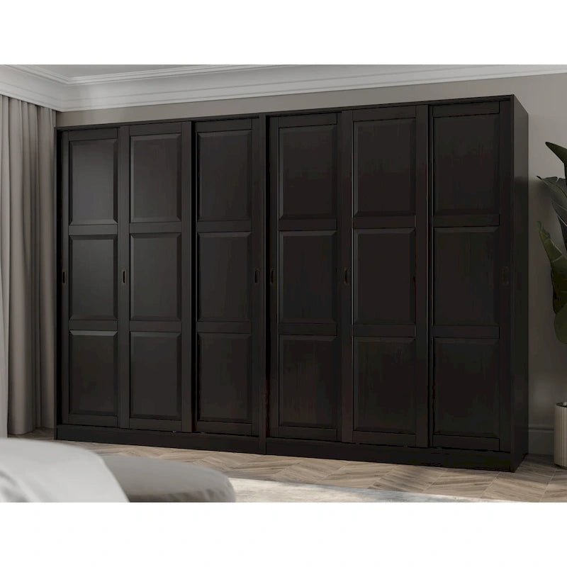 Système de rangement mural 100 % bois massif pour armoires et penderies, avec portes coulissantes à miroir, à persiennes ou à panneaux surélevés