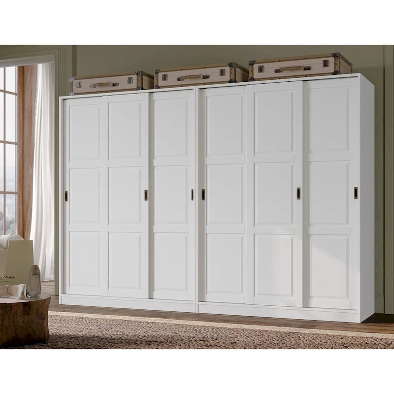 Système de rangement mural 100 % bois massif pour armoires et penderies, avec portes coulissantes à miroir, à persiennes ou à panneaux surélevés