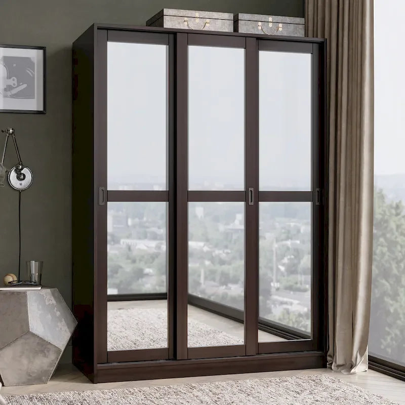 Système de rangement mural 100 % bois massif pour armoires et penderies, avec portes coulissantes à miroir, à persiennes ou à panneaux surélevés