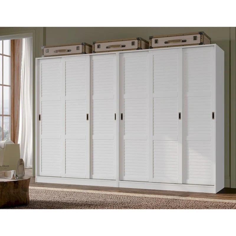 Système de rangement mural 100 % bois massif pour armoires et penderies, avec portes coulissantes à miroir, à persiennes ou à panneaux surélevés