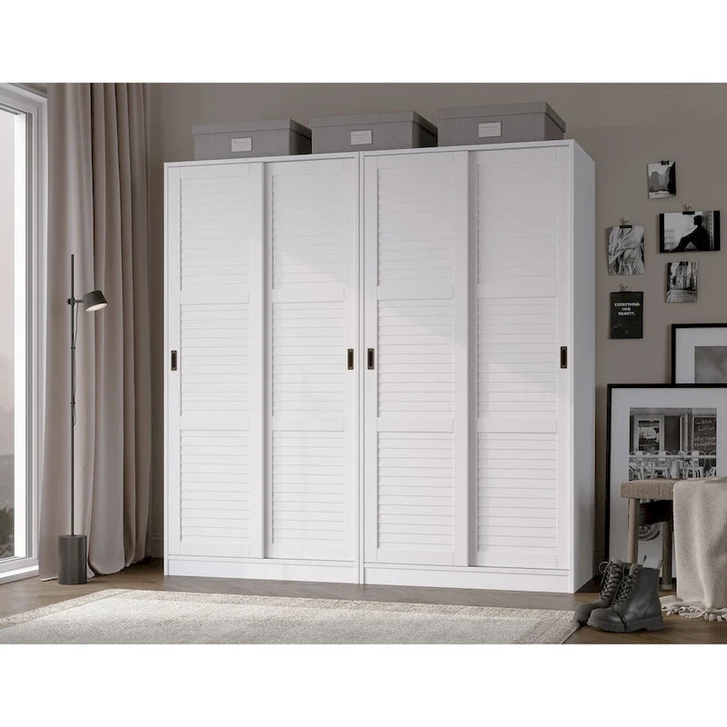 Système de rangement mural 100 % bois massif pour armoires et penderies, avec portes coulissantes à miroir, à persiennes ou à panneaux surélevés