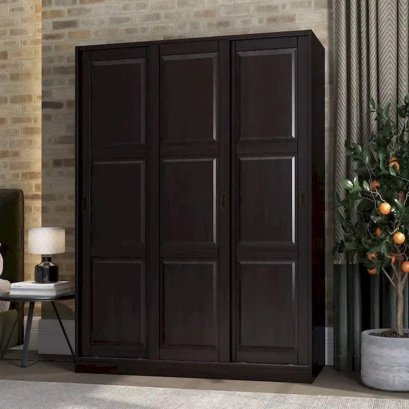 Système de rangement mural 100 % bois massif pour armoires et penderies, avec portes coulissantes à miroir, à persiennes ou à panneaux surélevés