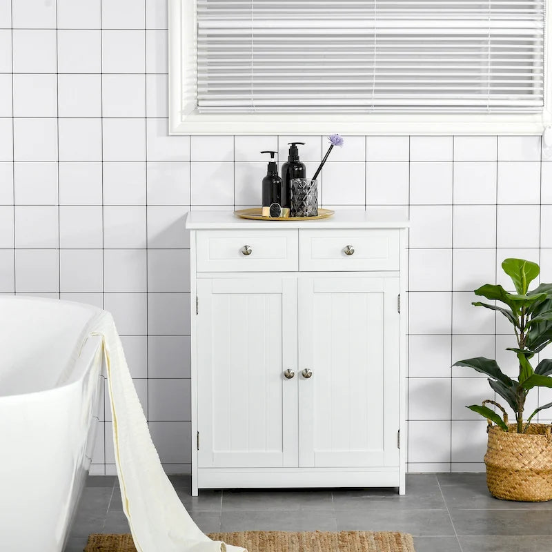 Meuble de Rangement Salle de Bain Colonne sur Pied avec 2 Portes, 2 Tiroirs, Étagère Réglable, Blanc