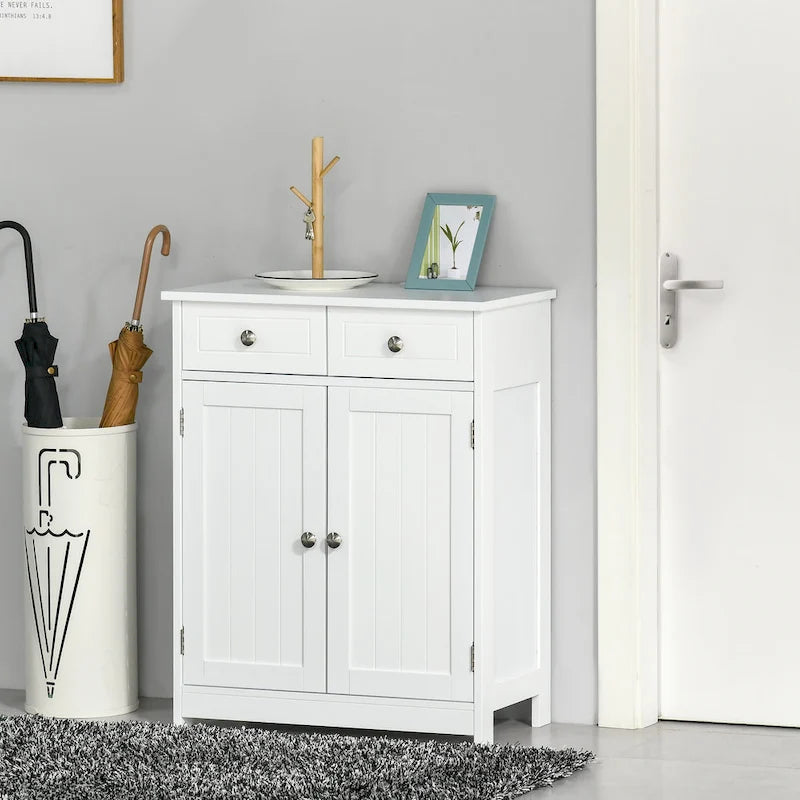 Meuble de Rangement Salle de Bain Colonne sur Pied avec 2 Portes, 2 Tiroirs, Étagère Réglable, Blanc