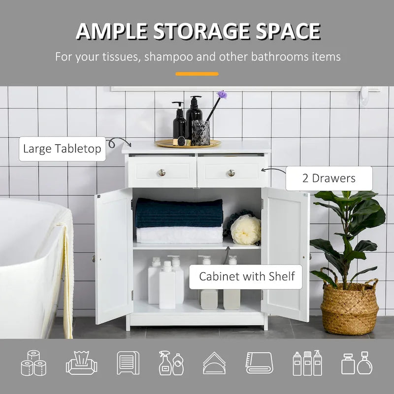 Meuble de Rangement Salle de Bain Colonne sur Pied avec 2 Portes, 2 Tiroirs, Étagère Réglable, Blanc