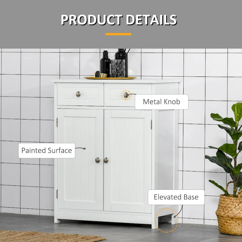 Meuble de Rangement Salle de Bain Colonne sur Pied avec 2 Portes, 2 Tiroirs, Étagère Réglable, Blanc