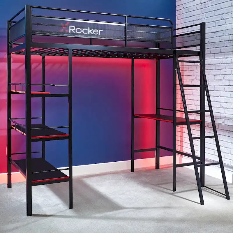 Lit superposé gaming noir avec bureau et étagères intégrés