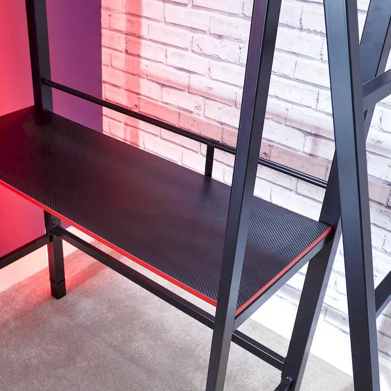 Lit superposé gaming noir avec bureau et étagères intégrés