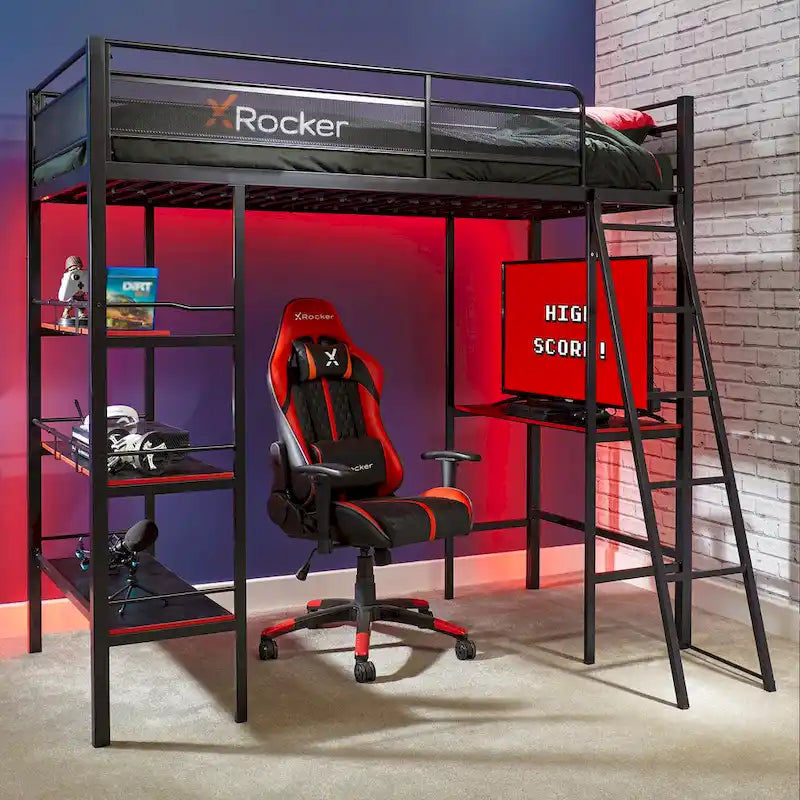 Lit superposé gaming noir avec bureau et étagères intégrés