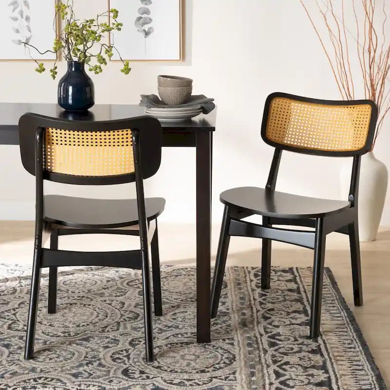 Lot de 2 chaises de salle à manger en bois et rotin de style Mid-Century Modern
