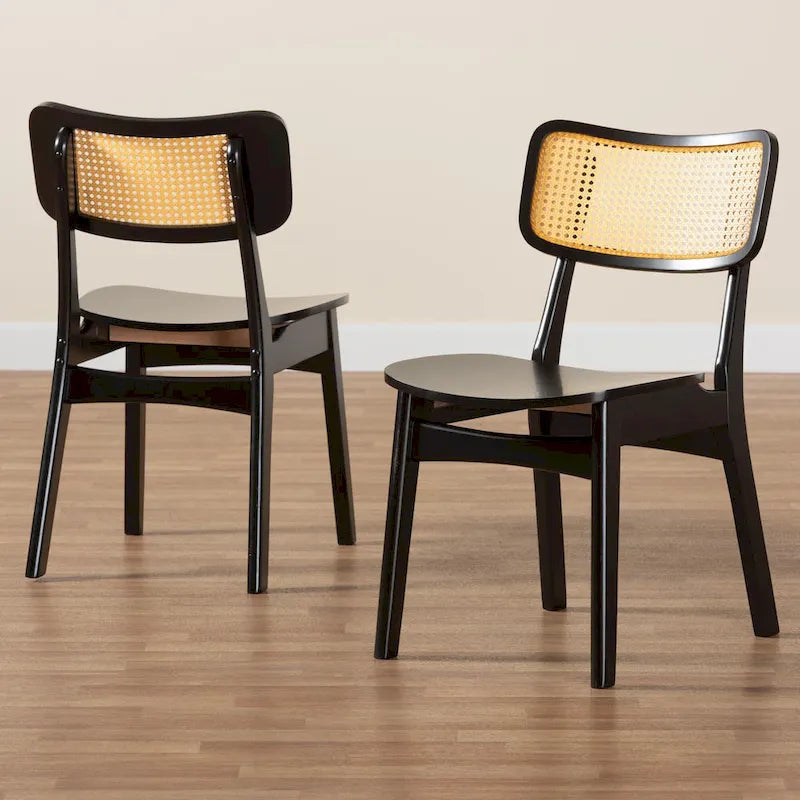 Lot de 2 chaises de salle à manger en bois et rotin de style Mid-Century Modern