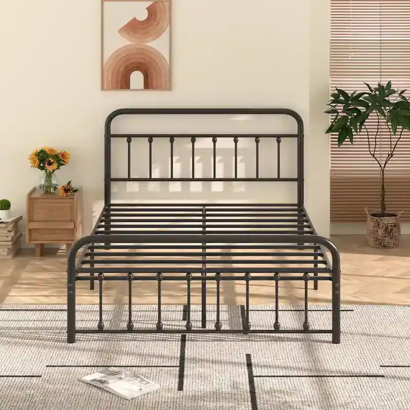 Cadre de lit en métal noir avec tête et pied de lit vintage, aucun sommier tapissier requis, support de lattes en acier stable de qualité supérieure, noir