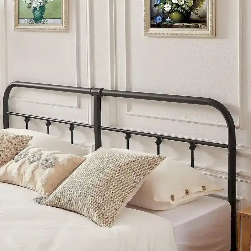 Cadre de lit en métal noir avec tête et pied de lit vintage, aucun sommier tapissier requis, support de lattes en acier stable de qualité supérieure, noir