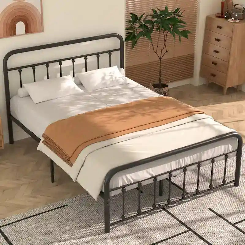 Cadre de lit en métal noir avec tête et pied de lit vintage, aucun sommier tapissier requis, support de lattes en acier stable de qualité supérieure, noir