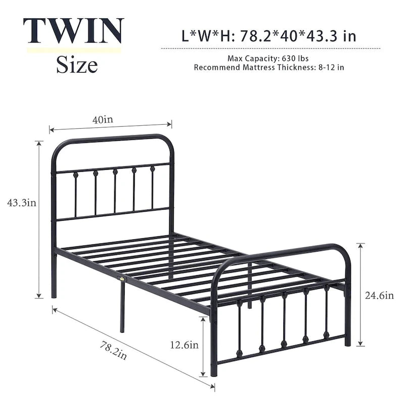 Cadre de lit en métal noir avec tête et pied de lit vintage, aucun sommier tapissier requis, support de lattes en acier stable de qualité supérieure, noir