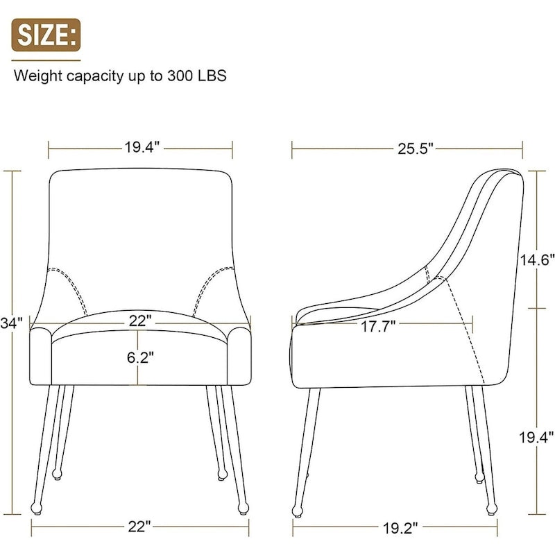 Lot de 2 chaises de salle à manger modernes, chaise de salle à manger rembourrée en velours jaune avec pieds dorés, chaise confortable