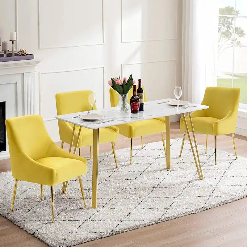 Lot de 2 chaises de salle à manger modernes, chaise de salle à manger rembourrée en velours jaune avec pieds dorés, chaise confortable