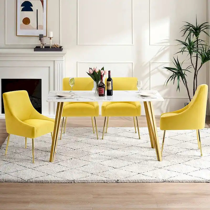 Lot de 2 chaises de salle à manger modernes, chaise de salle à manger rembourrée en velours jaune avec pieds dorés, chaise confortable