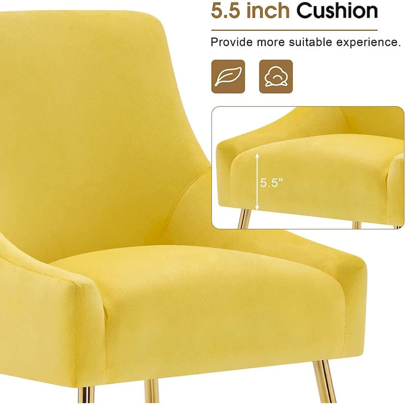 Lot de 2 chaises de salle à manger modernes, chaise de salle à manger rembourrée en velours jaune avec pieds dorés, chaise confortable