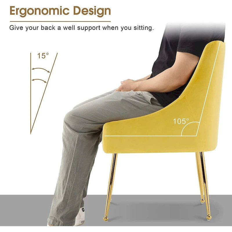 Lot de 2 chaises de salle à manger modernes, chaise de salle à manger rembourrée en velours jaune avec pieds dorés, chaise confortable