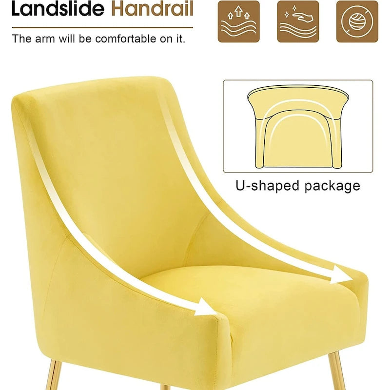 Lot de 2 chaises de salle à manger modernes, chaise de salle à manger rembourrée en velours jaune avec pieds dorés, chaise confortable
