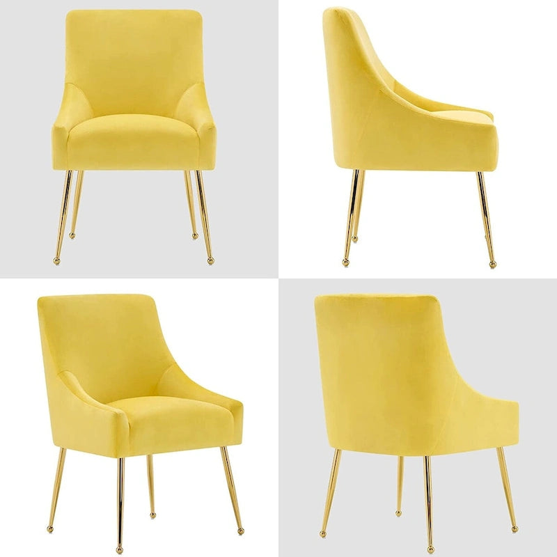 Lot de 2 chaises de salle à manger modernes, chaise de salle à manger rembourrée en velours jaune avec pieds dorés, chaise confortable