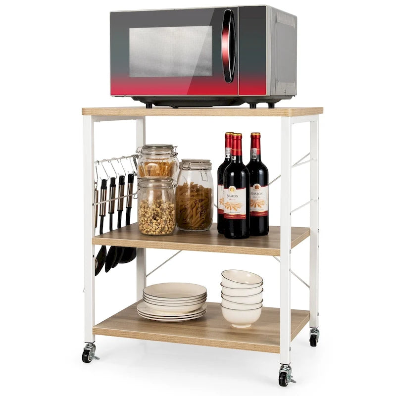 Étagère de cuisine à 3 niveaux pour four à micro-ondes avec crochets latéraux et roulettes
