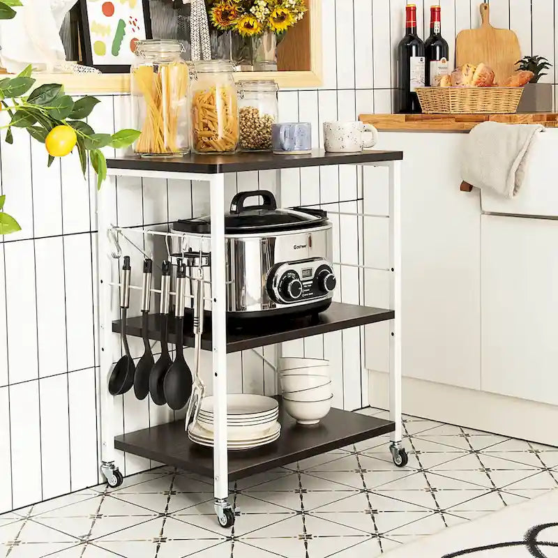 Étagère de cuisine à 3 niveaux pour four à micro-ondes avec crochets latéraux et roulettes