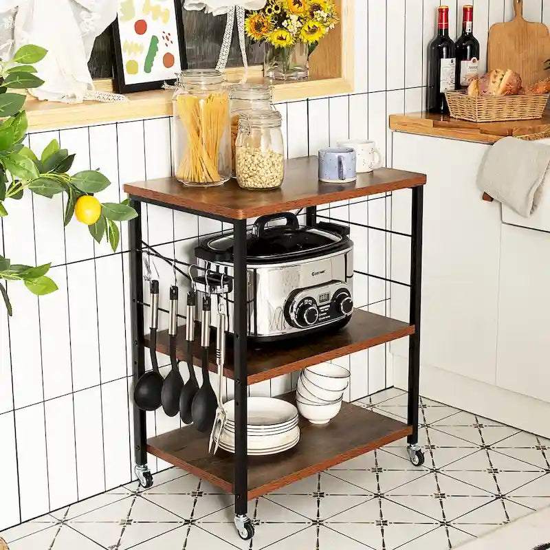Étagère de cuisine à 3 niveaux pour four à micro-ondes avec crochets latéraux et roulettes