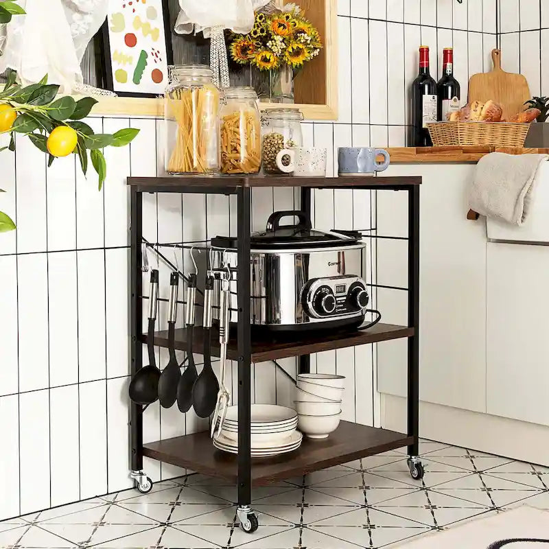 Étagère de cuisine à 3 niveaux pour four à micro-ondes avec crochets latéraux et roulettes