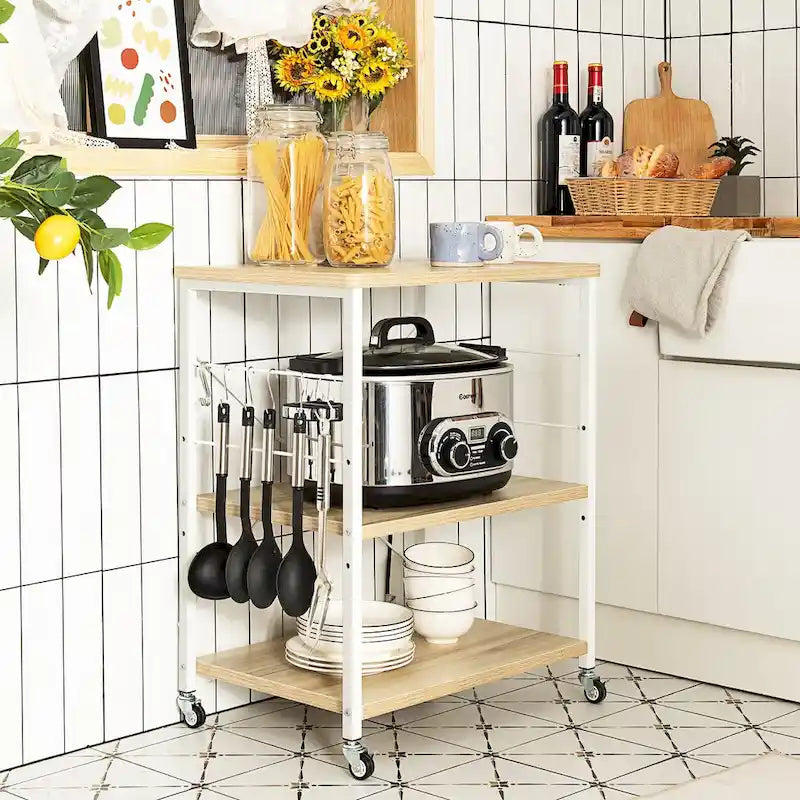 Étagère de cuisine à 3 niveaux pour four à micro-ondes avec crochets latéraux et roulettes