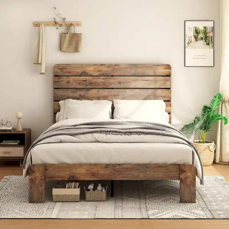 Cadre de lit plateforme en bois avec tête de lit et grand rangement sous le lit