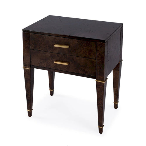 Table d'appoint en loupe de bois à 2 tiroirs