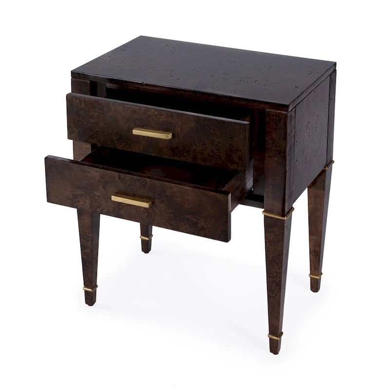 Table d'appoint en loupe de bois à 2 tiroirs