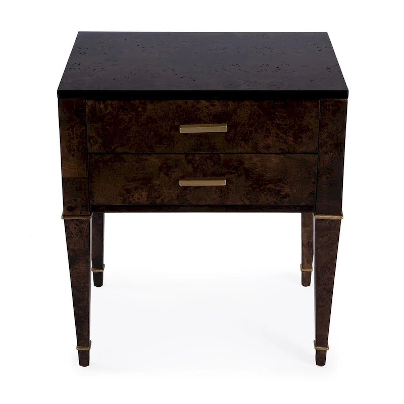 Table d'appoint en loupe de bois à 2 tiroirs