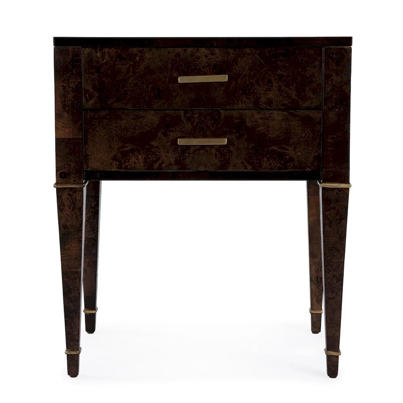 Table d'appoint en loupe de bois à 2 tiroirs