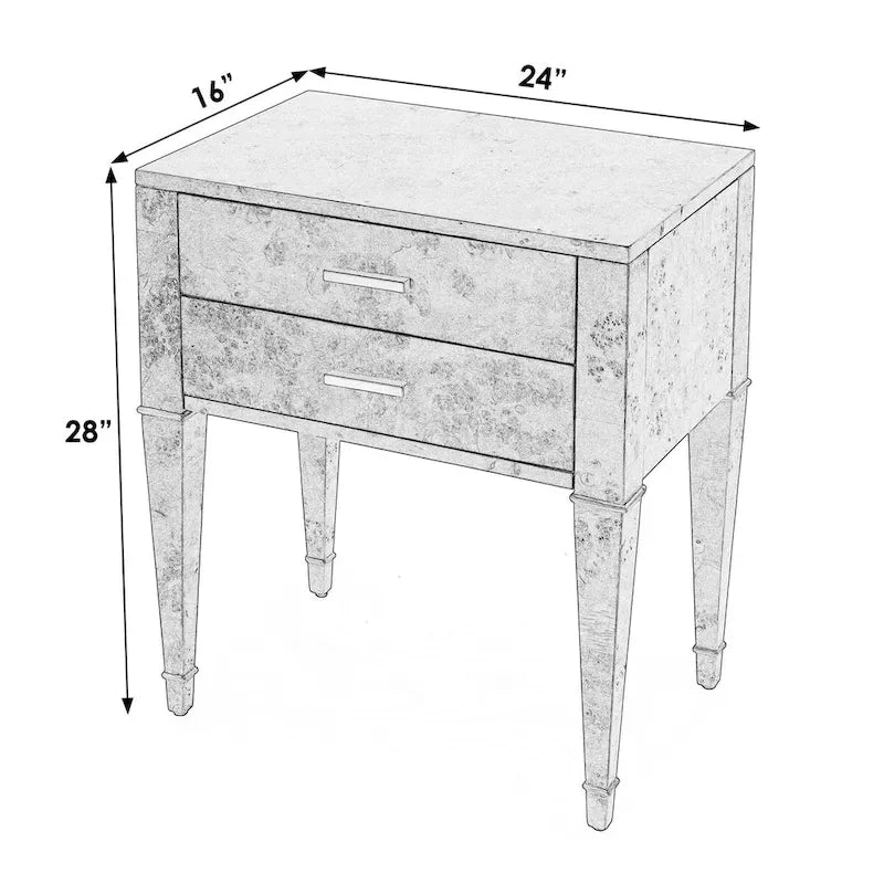 Table d'appoint en loupe de bois à 2 tiroirs