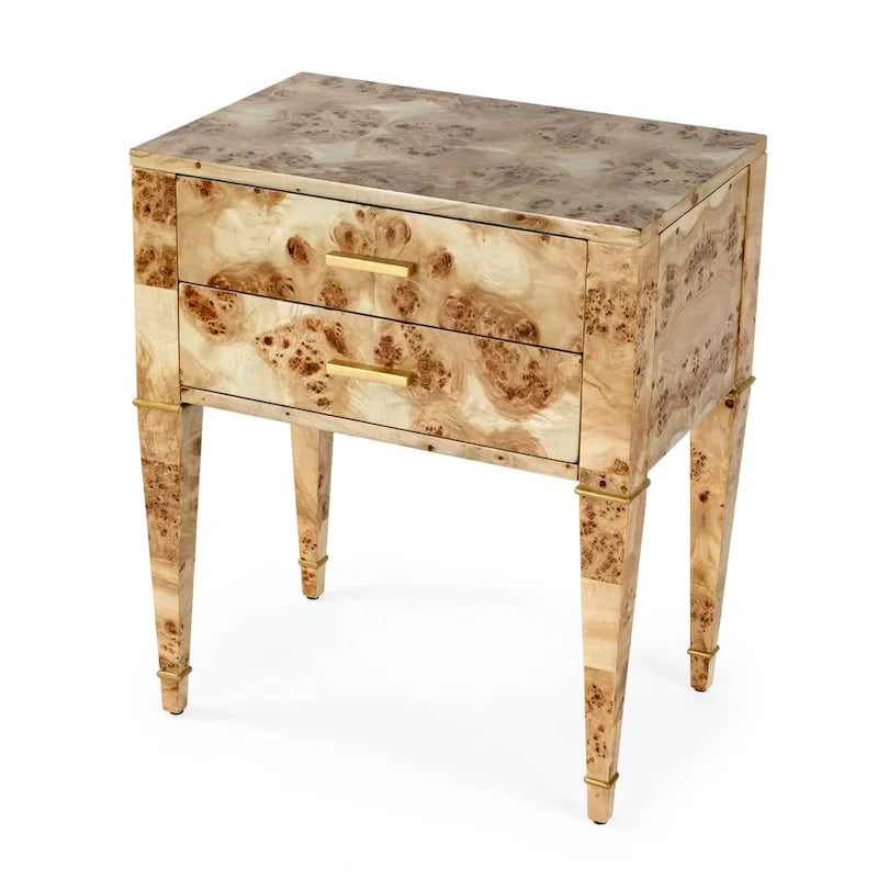 Table d'appoint en loupe de bois à 2 tiroirs