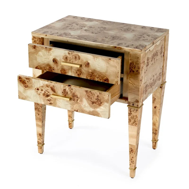 Table d'appoint en loupe de bois à 2 tiroirs