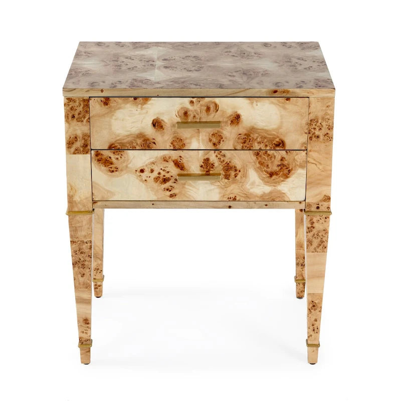 Table d'appoint en loupe de bois à 2 tiroirs