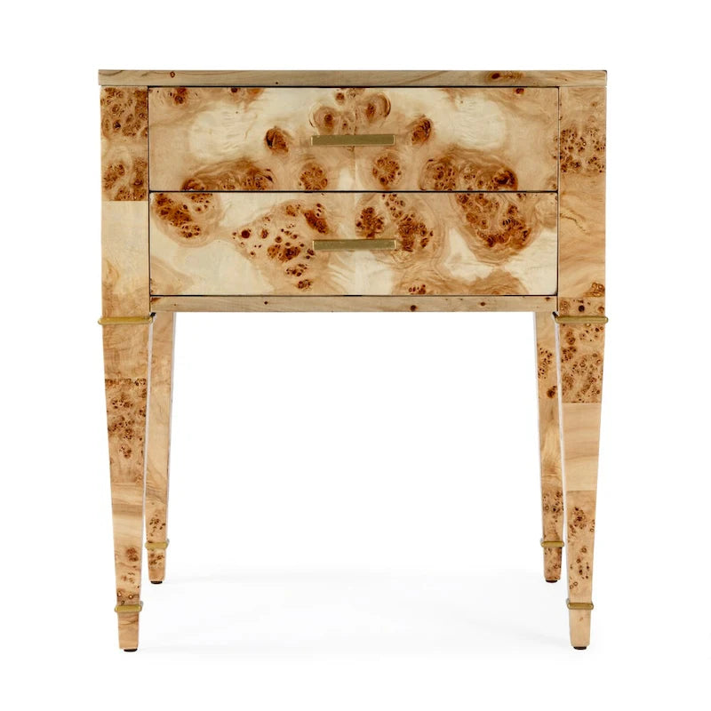 Table d'appoint en loupe de bois à 2 tiroirs