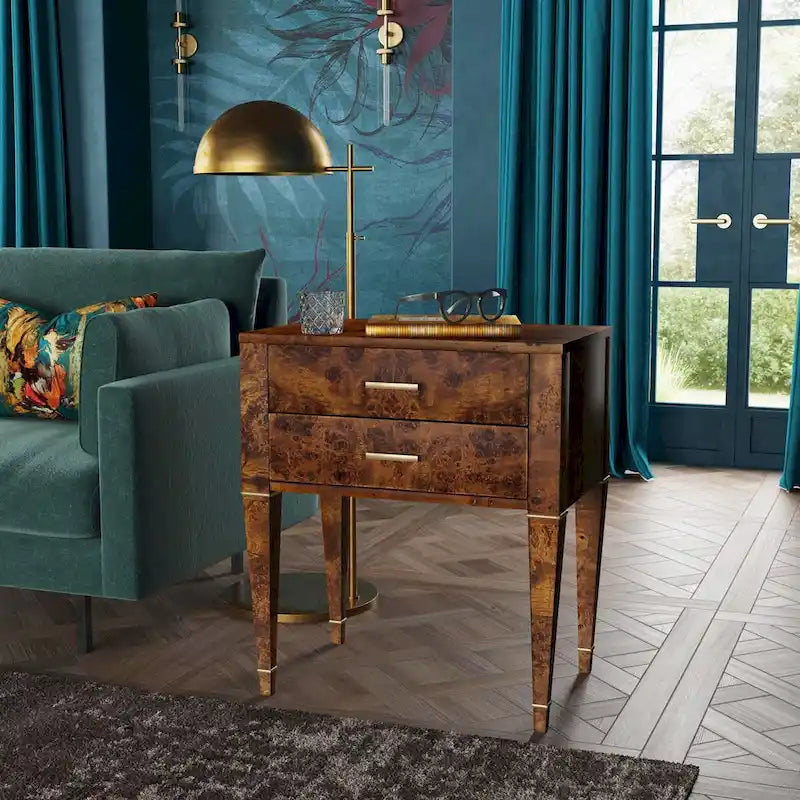 Table d'appoint en loupe de bois à 2 tiroirs