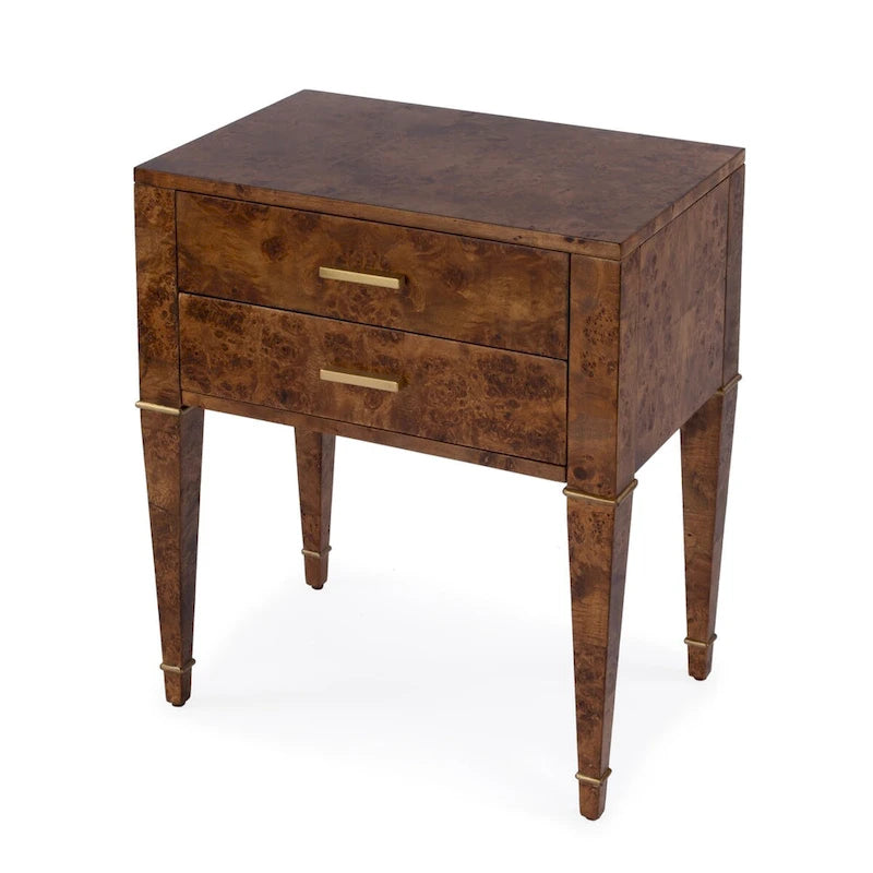 Table d'appoint en loupe de bois à 2 tiroirs
