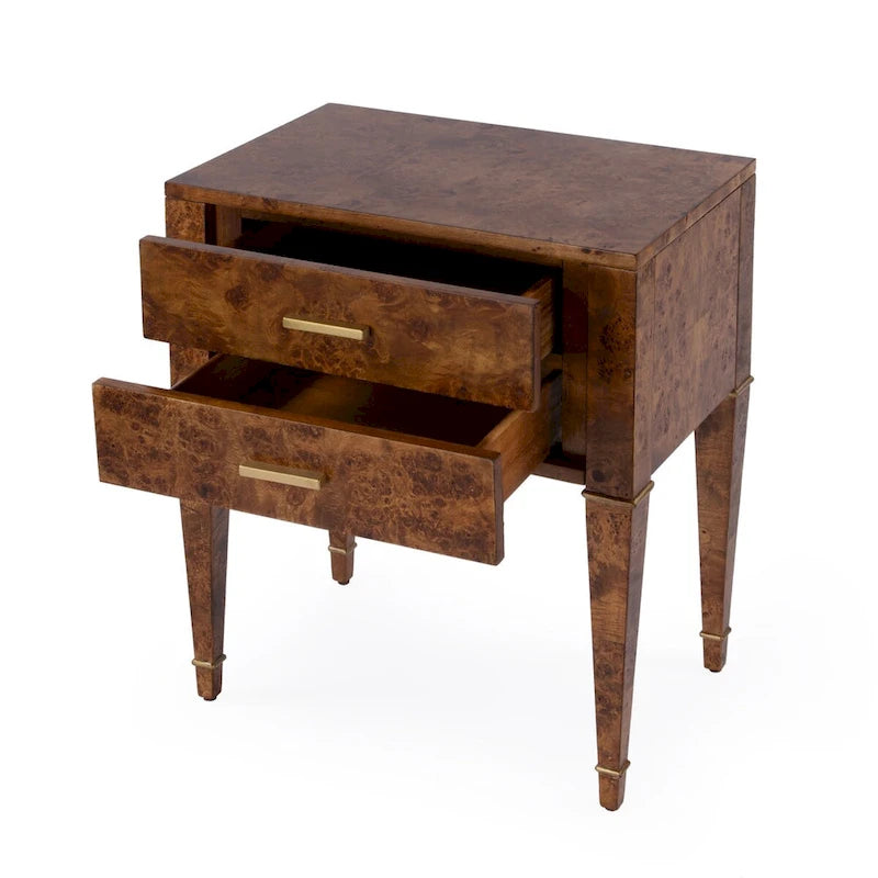 Table d'appoint en loupe de bois à 2 tiroirs