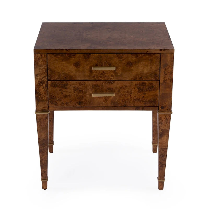 Table d'appoint en loupe de bois à 2 tiroirs