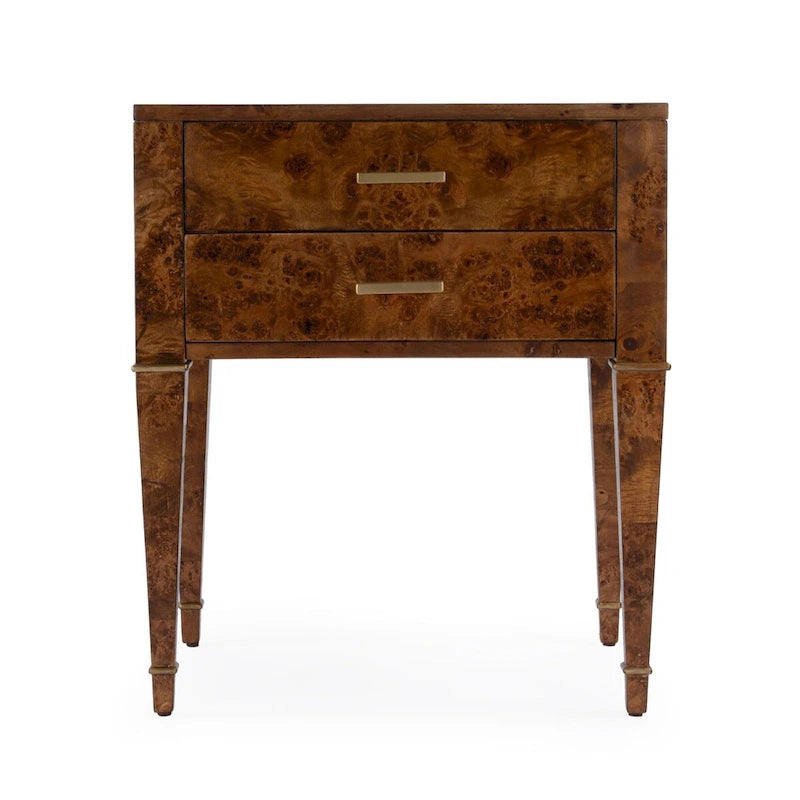 Table d'appoint en loupe de bois à 2 tiroirs