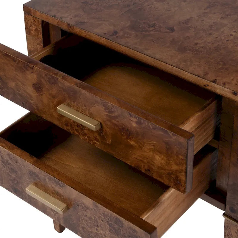 Table d'appoint en loupe de bois à 2 tiroirs
